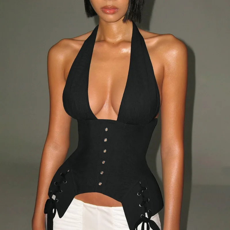 

Асимметричный корсет на шнуровке с люверсами, женские однотонные модные топы с глубоким v-образным вырезом на шнуровке, с открытой спиной, тонкие жилеты с рыбьей косточкой