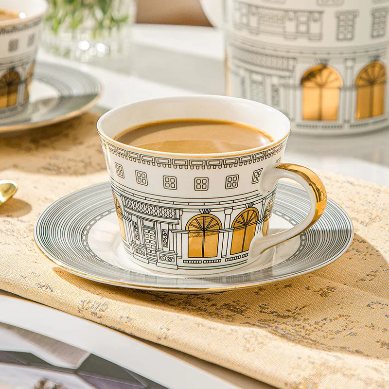 Architectural Cup and Saucer Coffee Mug European Luxury French Gold Painted Afternoon Tea Dessert Plate Kitchen