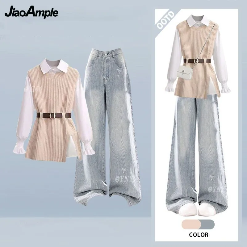 

Women 2025 Fall/Winter New Fashion In Jeans Matching Set Korean Elegant Knit Vest+White Shirt+Wide Leg Denim Pants 3-Piece Suit