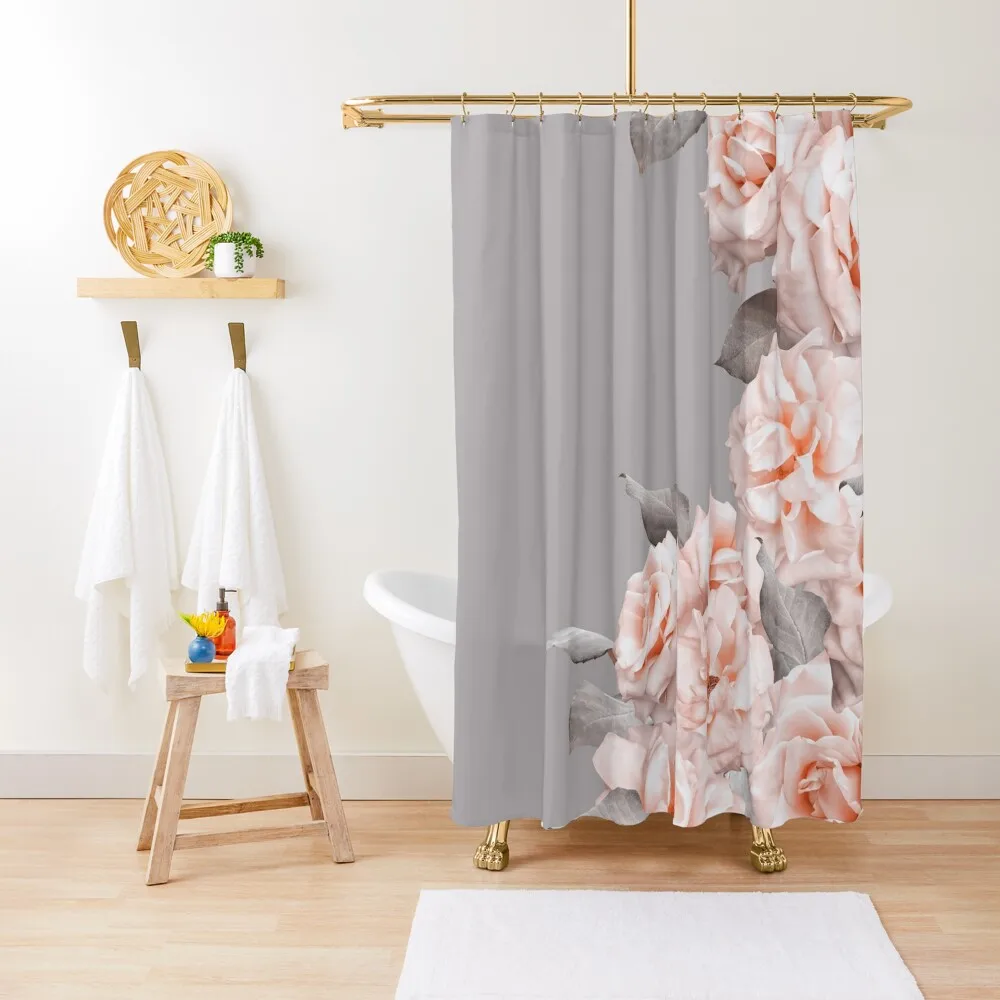 Shabby Chic Vintage Peach Roses Frame on Gray Shower Curtain Anti-Mold Waterproof Shower Bathroom Decor Curtain