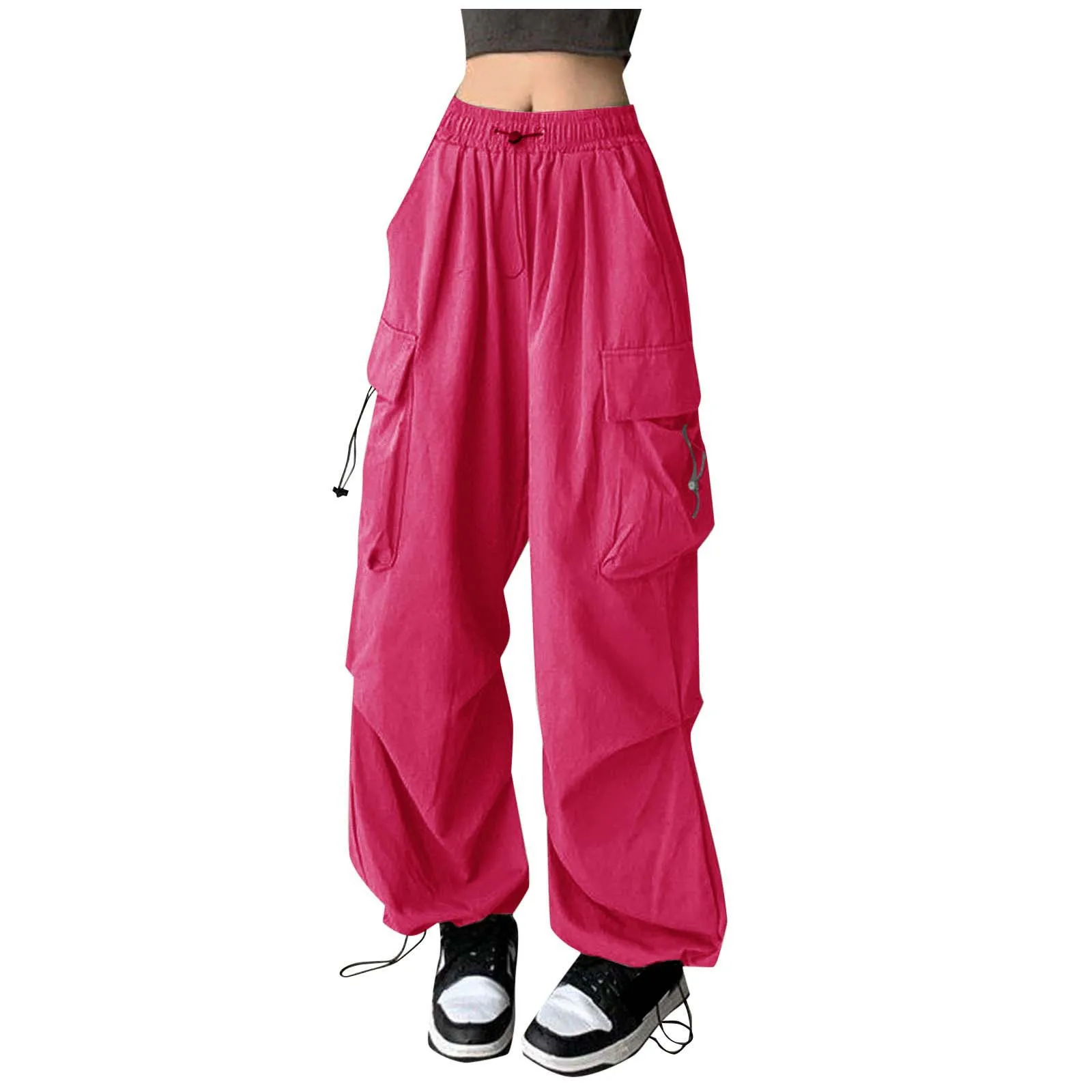 Women'S Solid Color American Retro Overalls Drawstring Waist Loose Bunched Foot Pants Multi-Pocket Fashion Casual Pants