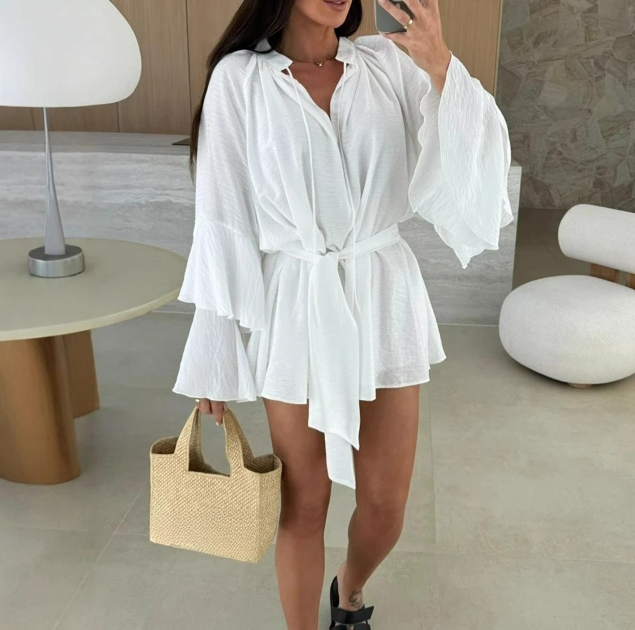 

2025 New Autumn Solid Color V-neck Irregular Lace Up Long Sleeved Loose Dress for Women