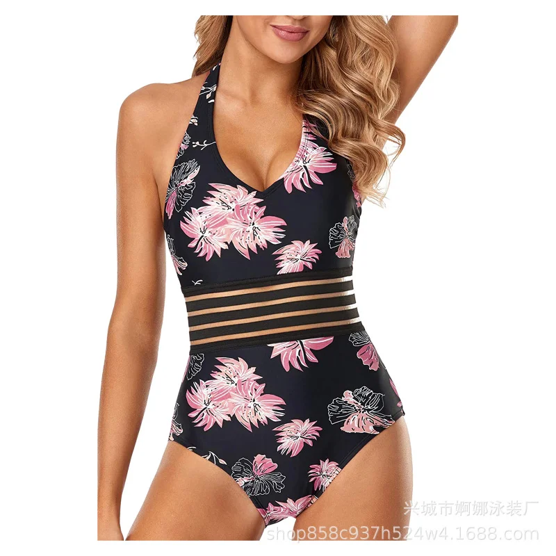 New swimsuit model: five-row fishnet multi-color printed sexy one-piece swimsuit