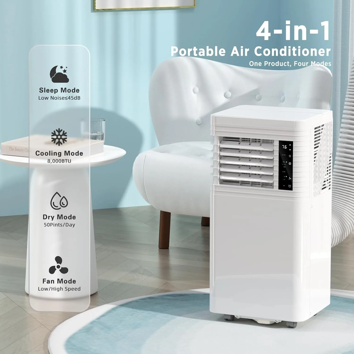 10,000 BTU AC portabel hingga 450 Sq.Ft, dengan Remote Control/tampilan LED/Timer 24 jam/kit instalasi, putih