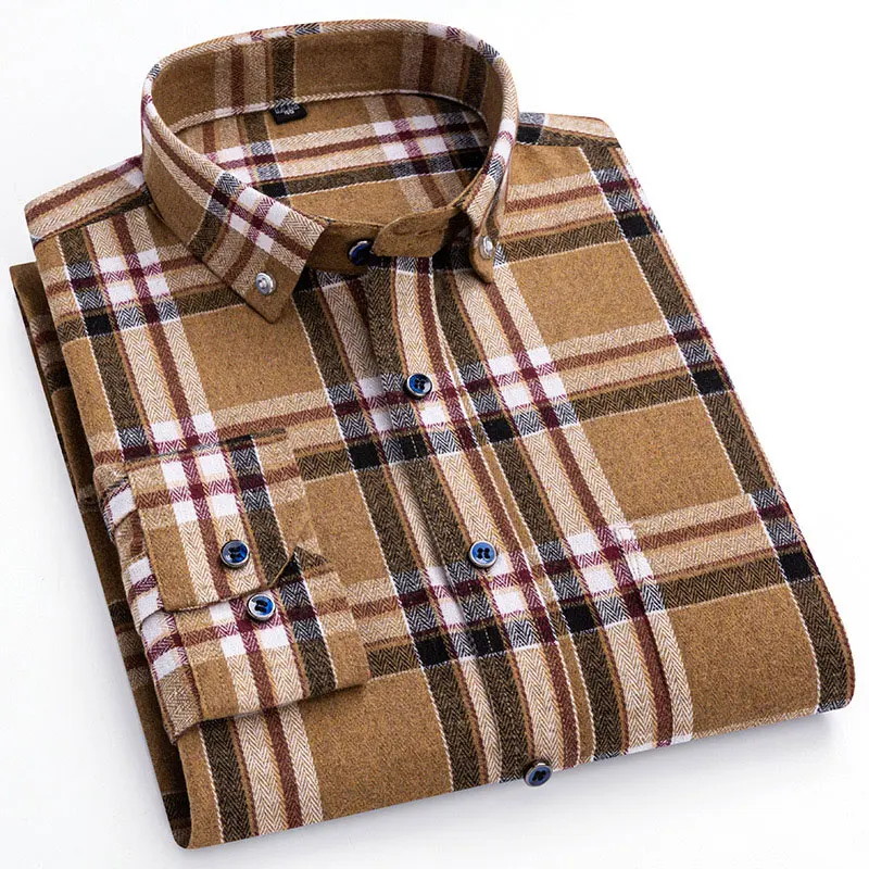 6XL Plus-size fashion classic Men\'s Light Luxury 100% cotton woolen plaid long-sleeved shirt free iron breathable spring new