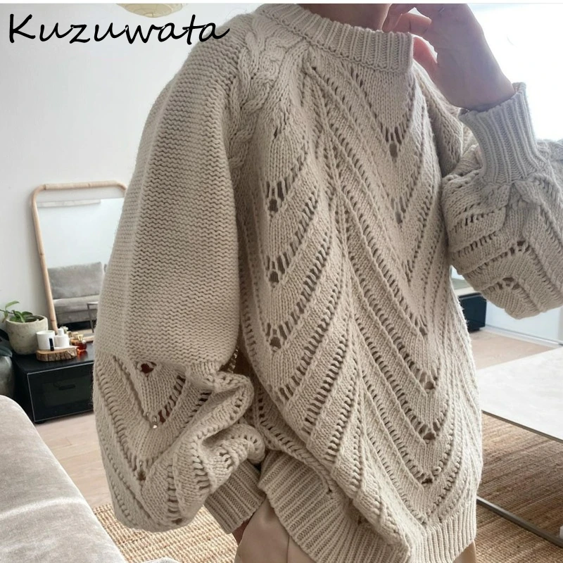 

Kuzuwata Japanese Simple Round Neck Loose Pullover 2024 Early Autumn Winter New Jumpers Soft Crochet Hollow Out Women Sweater