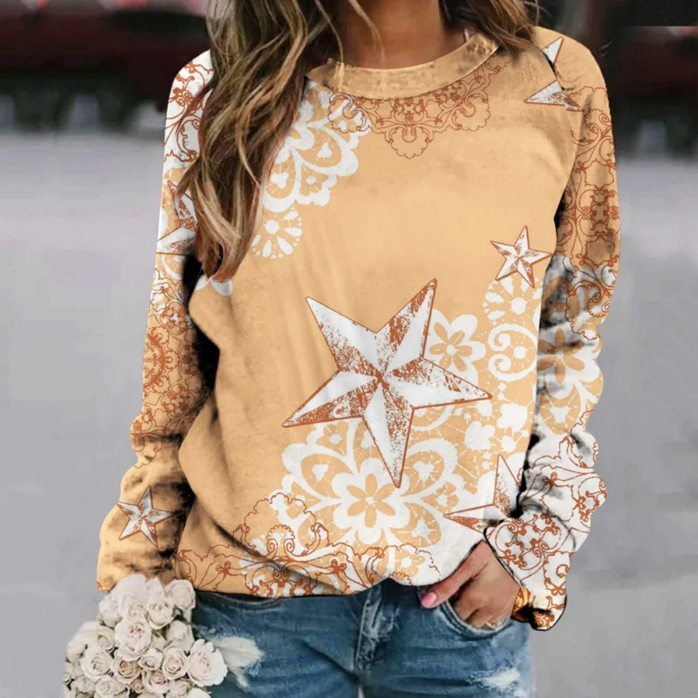 

Women's Long Sleeve Vintage Flower 3D Print T Shirts Autumn Winter Workout Casual Comfy Round Neck Loose Shirts Ladies Clothes
