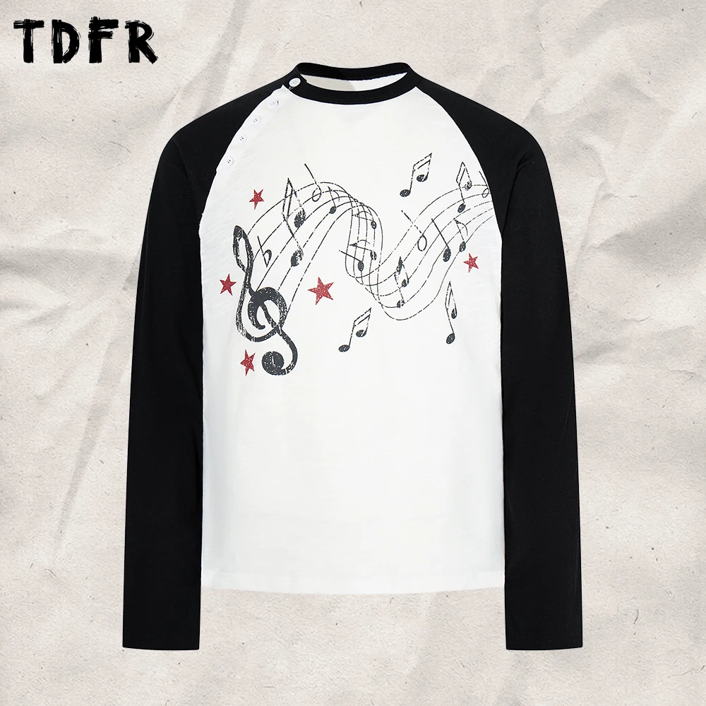 Musical Note Print Raglan Sleeve T-shirt Mens Autumn Casual Spliced Long Sleeve Loose Button Tee Man