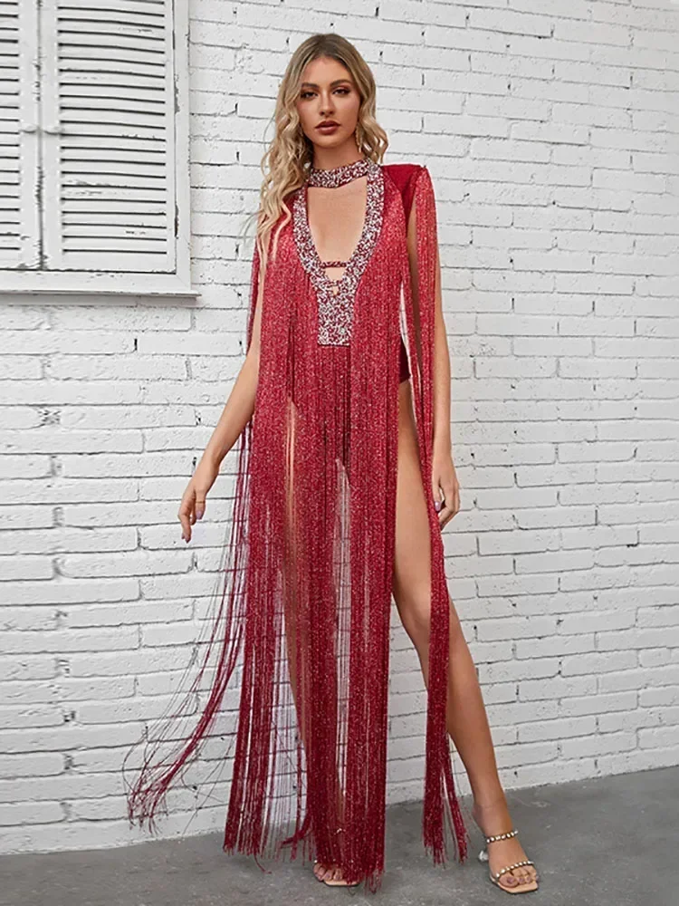 Sexy O-neck Sleeveless Tassel Bandage Jumpsuit Women Hollow Out Patchwork Tassel Without Pants Bodysuits Celebrity Party Outfuts