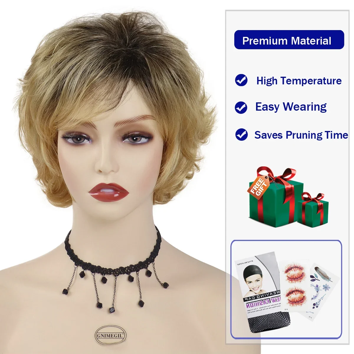 Synthetic Hair Blonde Curly Wig with Bangs Short Haircuts Wig Pixie Cuts with Black Roots Blond Wigs for Women Mother Gift Daily