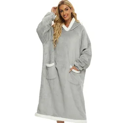 2023 Super Long Flannel Blanket with Sleeves Winter Hoodies Sweatshirt Women Pullover Fleece Giant Bathrobe