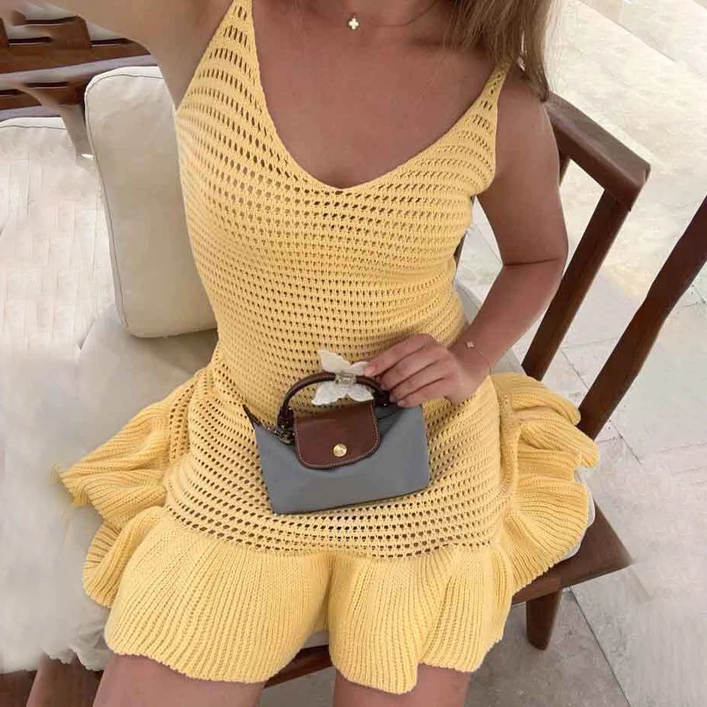 Tuularose Knit Ruffle Mini Dress Women's Summer Sexy Hollow Out Beach Holiday Sleeveless Halter Dress Solid Slim Short Dresses image 3