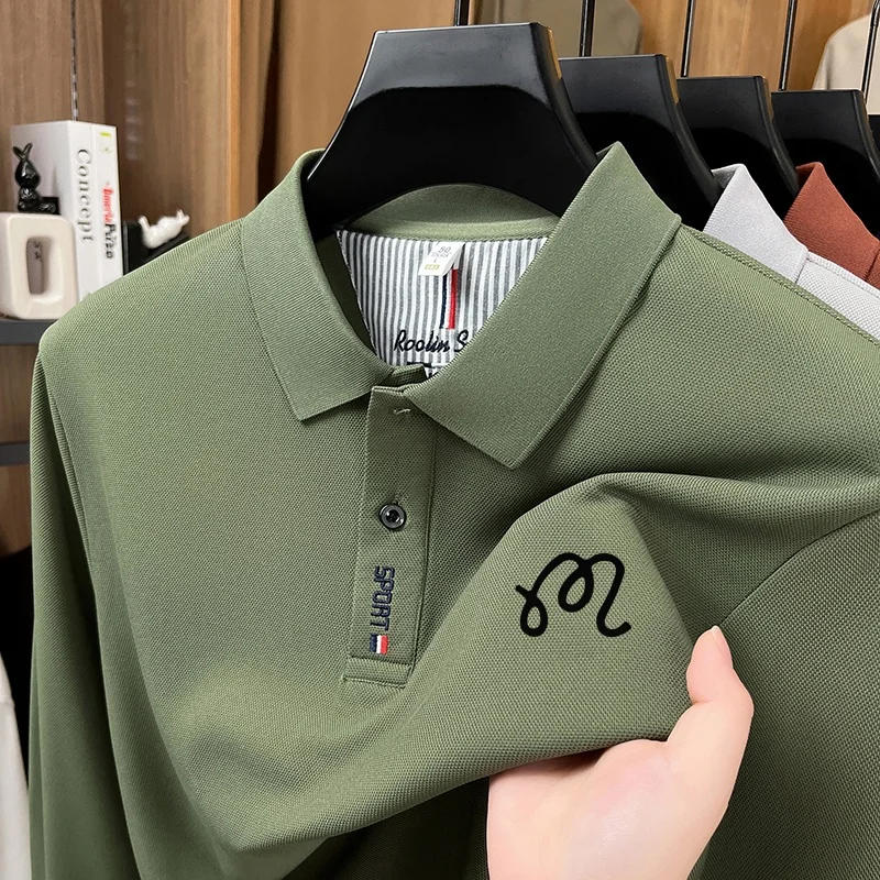 Frühling Herbst Herren Neues Original Mode-Print Polo-Shirt Knitterfreies Einfarbiges Langarm-T-Shirt Vielseitige Herrenbekleidung – Detail 4