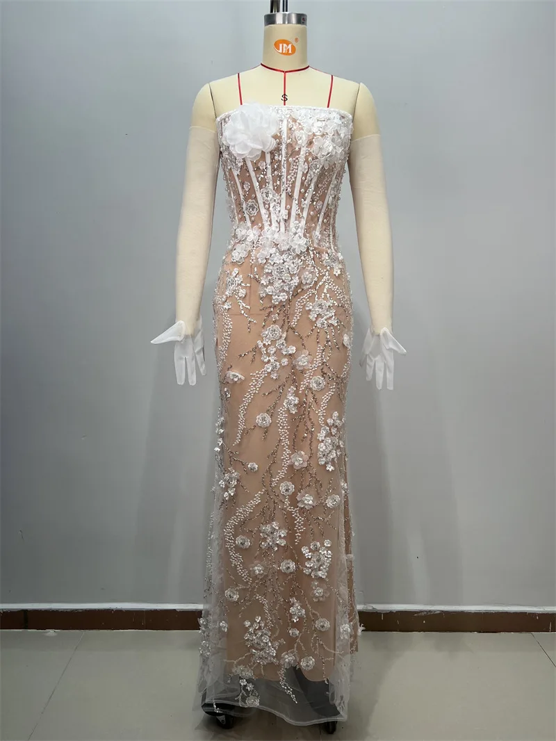 Luxuriöses Perlen-Meerjungfrau-Hochzeitskleid mit abnehmbaren Ärmeln, 3D-Blume, sexy trägerloses langes Brautkleid, formelle Geburtstagsrobe