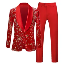 Fashion Brand Male Sequin Suit 2 Piece Red / Blue / Black Men Luxury Wedding Prom Party Blazer Jacket and Pants