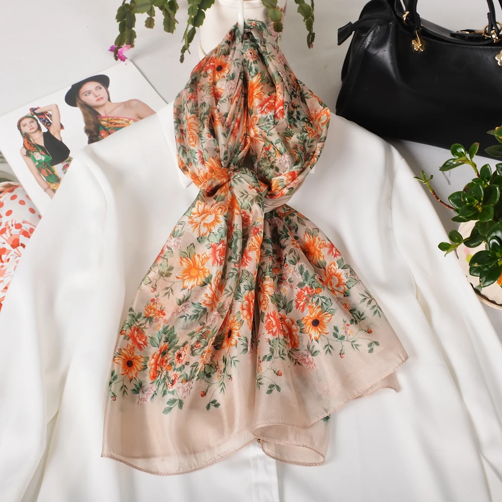 New Brand khaki 100% Silk Scarf Women Spring Fall Orange Daisy Design Long Scarves Wraps Bufanda Summer Beach Shawls Foulard