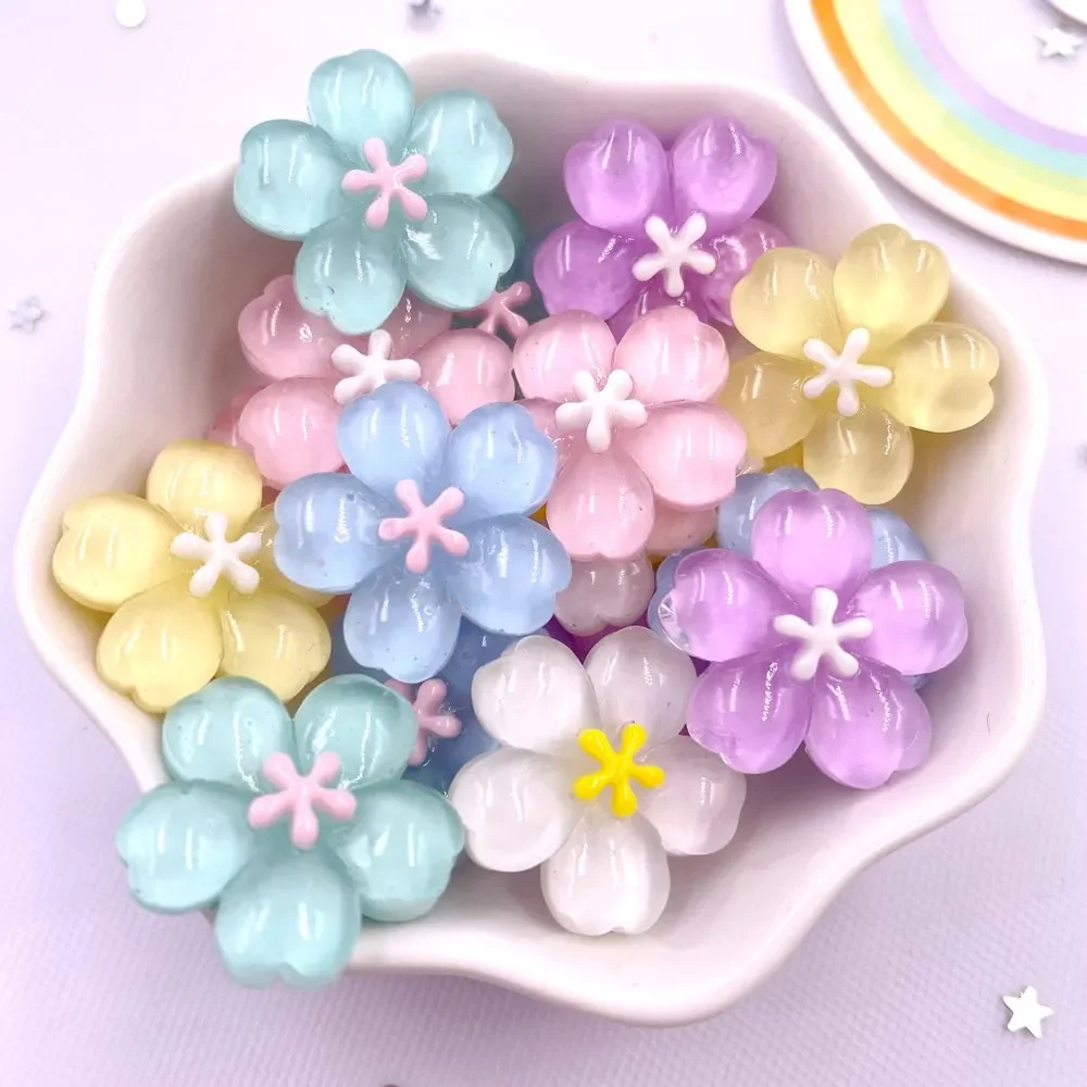 10PCS Resin Kawaii Colorful Glitter Cherry Blossoms Flatback Stone Flower buttons Scrapbooks DIY Bow Crafts Decor Accessories