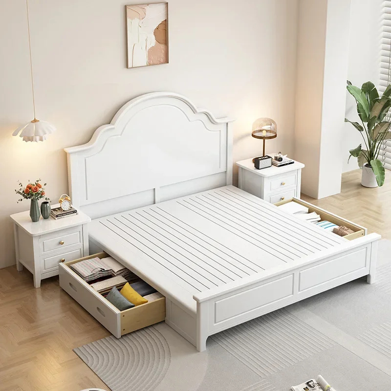 White all solid wood bed, modern simple American French cream style girl princess 1.5 meters double, single master and second be