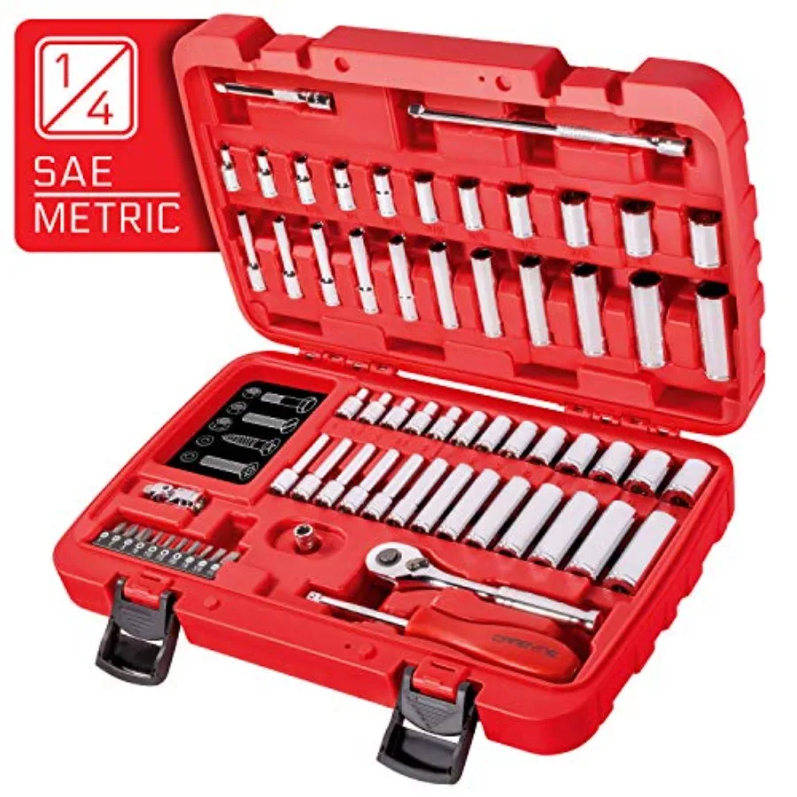

65-Piece 1/4 in. Drive Socket and Ratchet Set SAE and Metric 6 Point CrV Steel 90-Tooth Ratchet Deep and Standard Sockets Stora