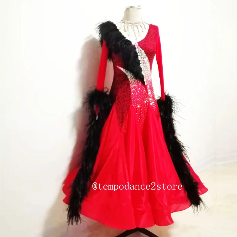 

Платье для бальных танцев с перьями, современное платье для вальса, танго, бальных танцев, костюмы стандартного танца с розовыми перьями