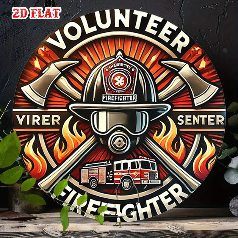 2D Flat, 1 Stück Feuerhelm Aluminium Metall Blechschild – Rustikale Feuerwehrmann-Wandkunst mit Flammen und Feuerwehrauto-Design, 7,87 x 7,87 rund
