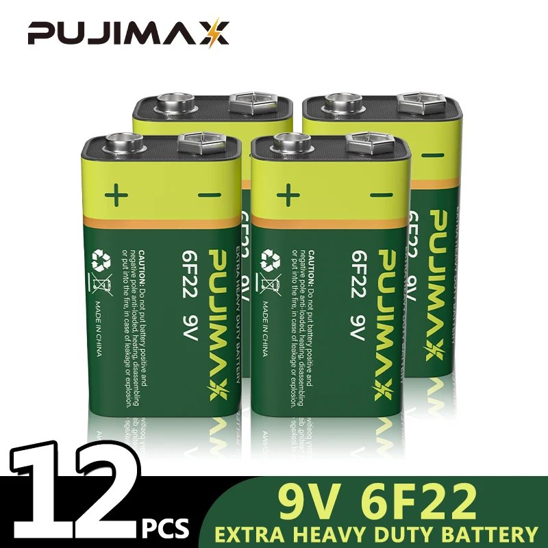 PUJIMAX 12Pcs 9V 6F22 Multimeter Battery Disposable Super Heavy Carbon Batteries Set For Wireless Microphones Guitar Smoke Alarm