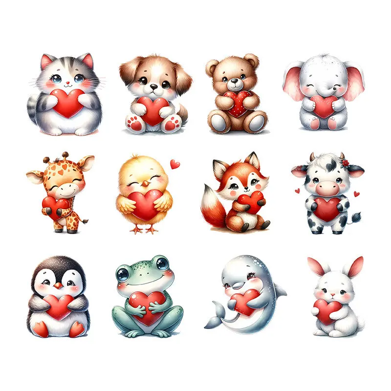 Cartoon Cute Hug Love Small Animal Heat Transfer Stickers DIY Print-On T-Shirt Iron On Patches For Clothes Kids Applique Set
