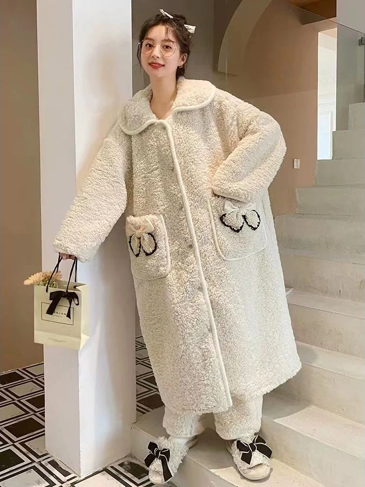 Plus-velvet Warm Gown Sets Women New Winter Sleepwear Thick Sweetheart Girls Chic Fluffy Loose Home Bow Designed Pockets Popular