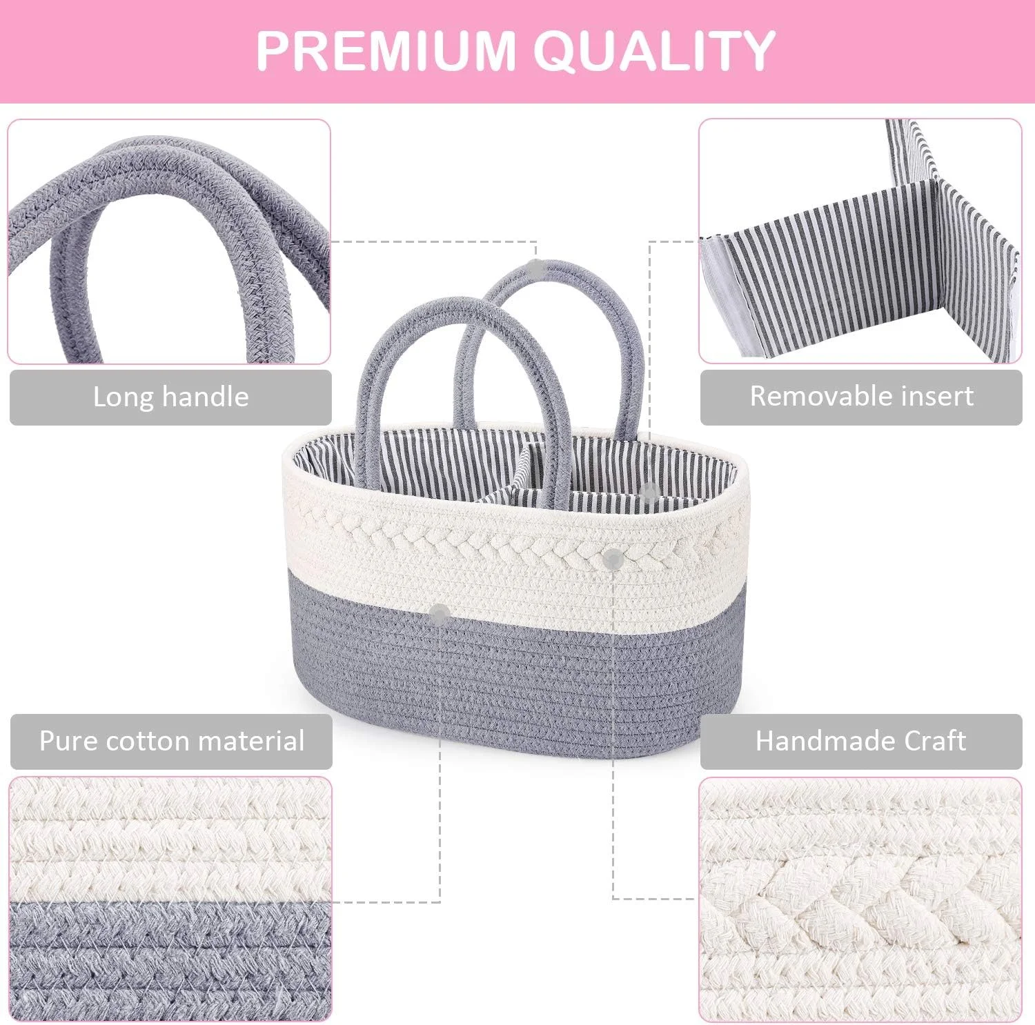 Diaper Caddy Portable Woven Baby Organizer Basket Handle Nursery Dividers Dresser Organizer Cotton Rope Stuff Holder