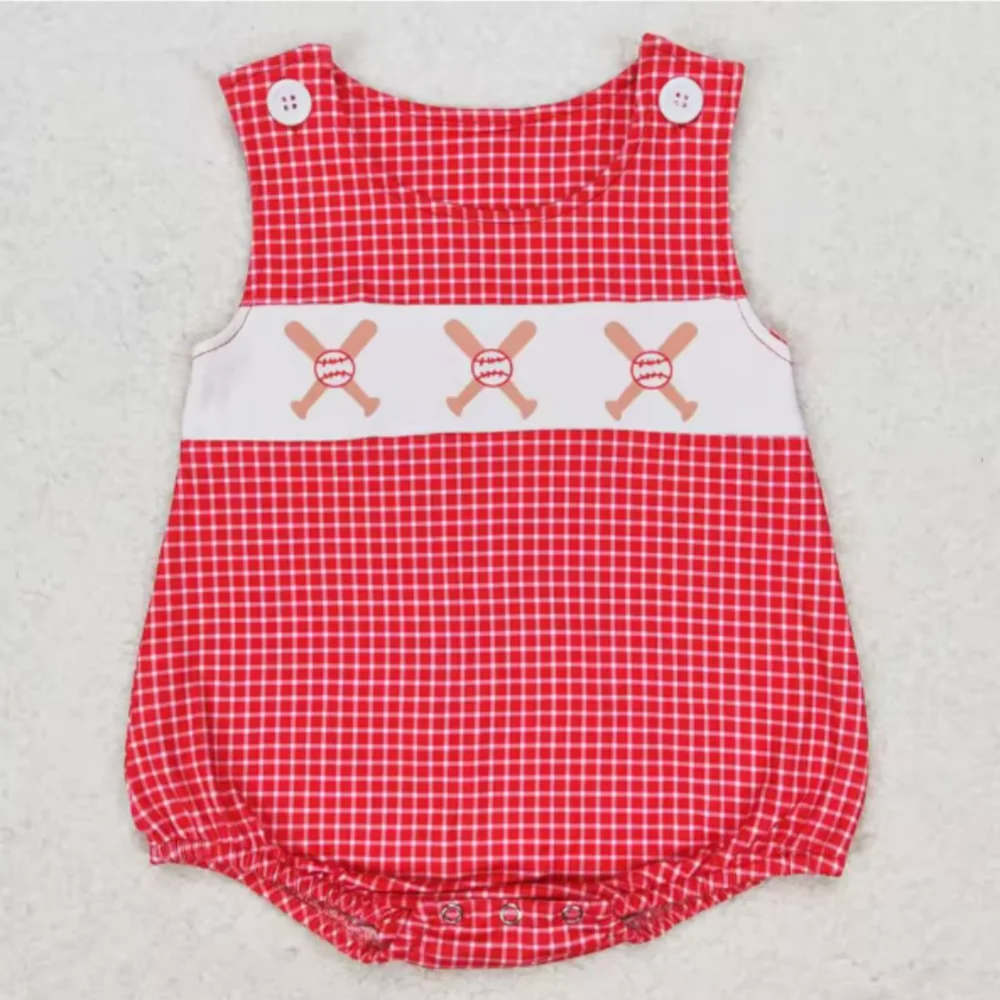 

Wholesale Red Plaid Sleeveless Baseball Bats Print Ready to Ship Baby Romper