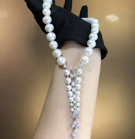 

Hot sell new style 43cm 9-10mm white freshwater pearl necklace zircon accessories sweater chain fashion jewelry