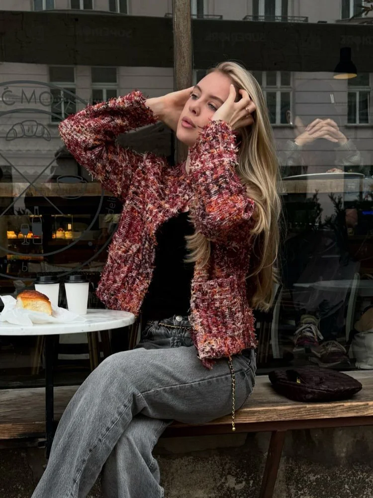 

HH Autumn Chic Round Neck Single-breasted Buttoned Women's Coat Retro Texture Small Fragrance Style Knitted Texture Coat