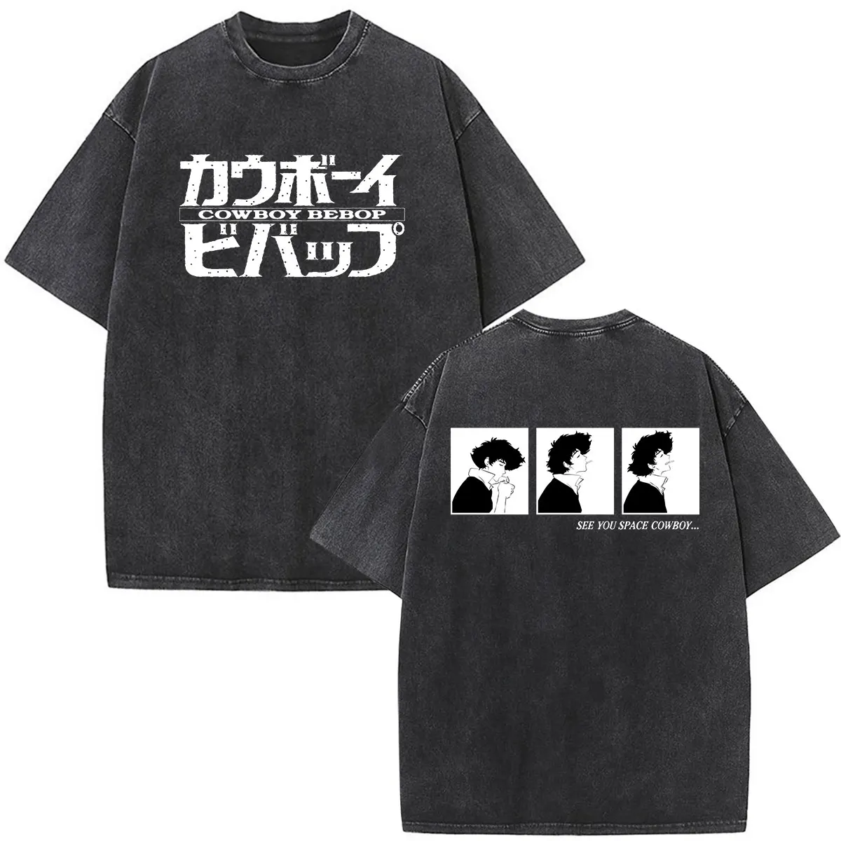 Anime Cowboy Bebop Spike Spiegel Washed T-Shirt für Herren und Damen Vintage Mode Kurzarm Oversized T-Shirt Streetwear – Detail 4