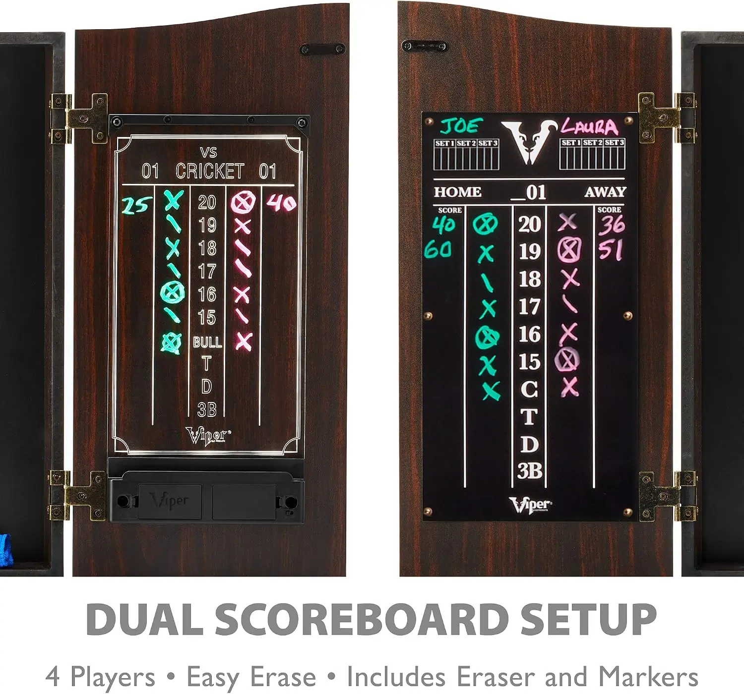 ^Vault Deluxe Dartboard Cabinet with Shot King Sisal Dartboard and Illumiscore Scoreboard, Wood