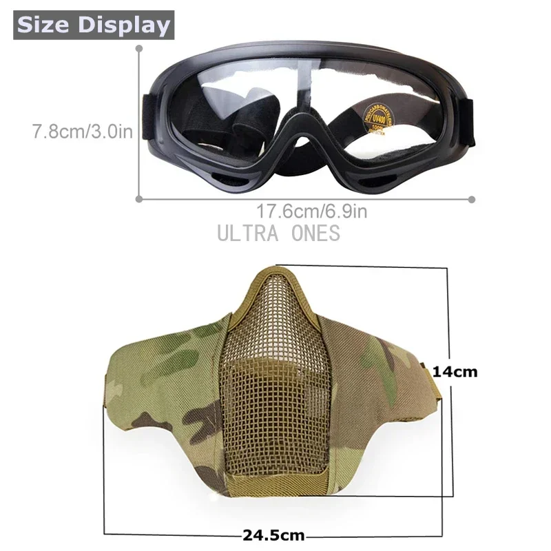 Tactical Mask + Goggles Airsoft Half Face Steel Mesh and Goggles Set for Paintball CS Survival Games Cosplay