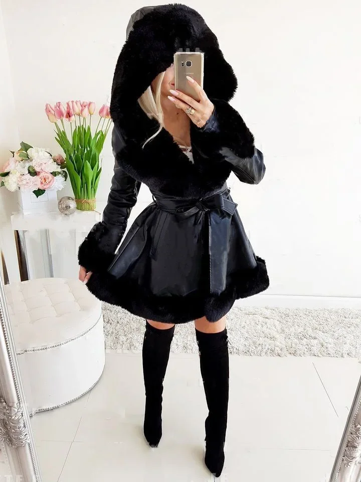 Lapel Fur Jacket for Women Winter Warmth Ruffled Edge Hooded Jacket with Waistband