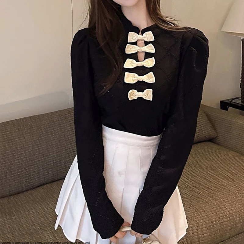 Y2K Women White Shirt Korean Elegant Bow Hollow Out Stand Collar Female Blouse Spring New Chic All Match Long Sleeve Ladies Tops