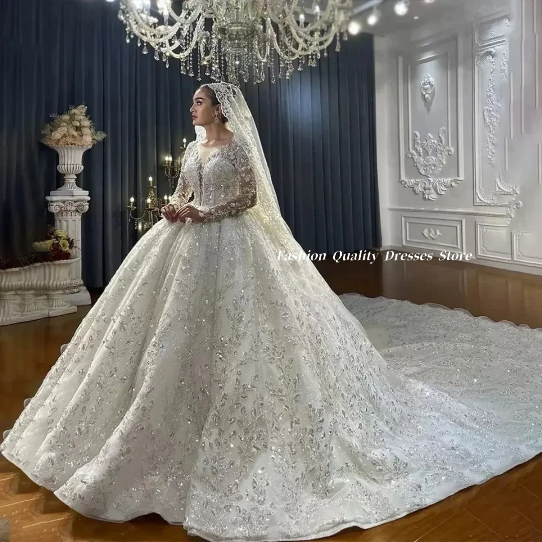 Wedding Dresses Long Sleeve Bridal Gown V Neck Heavy Embroidery Puffy Ball Skirt Cathedral Train Royal Wedding Robe Customized