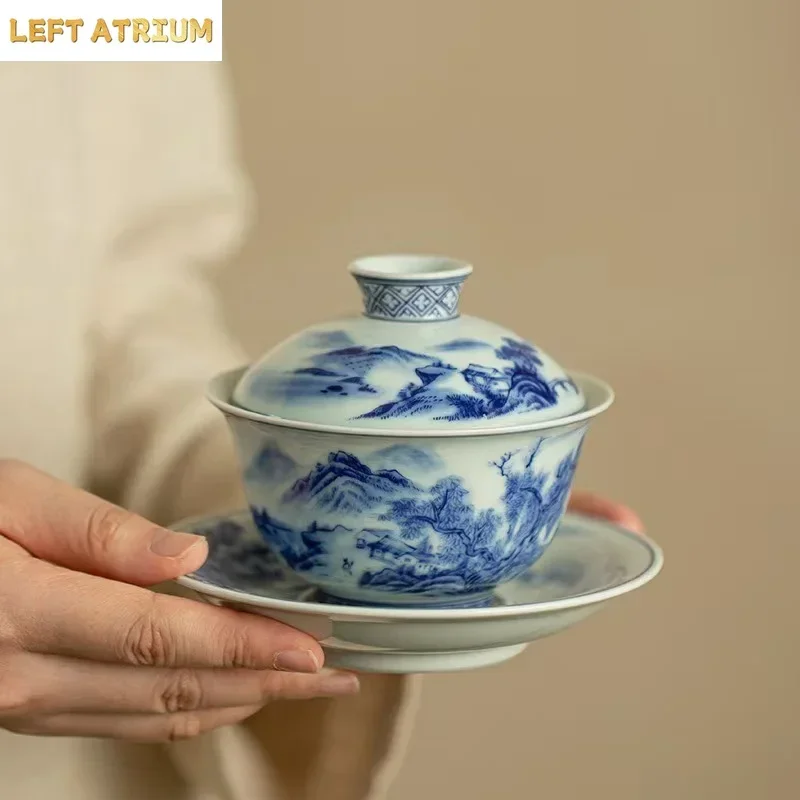 Jingdezhen Blue and White Three Talents Cover Bowl Is Not Hot Tea Bowl Kung Fu Teacup Master Cup 1 Bowl 2 Cups Household Tea Set