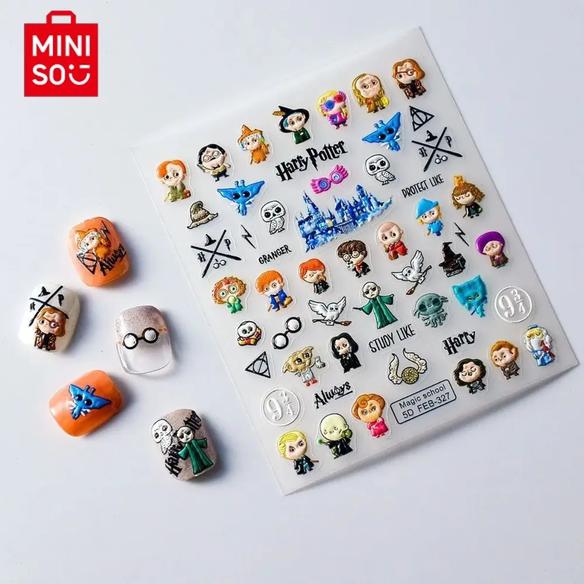 ملصقات أظافر منقوشة من MINISO Harry Potter لتزيين الأظافر عناصر Zard ثلاثية الأبعاد مقاومة للماء، تدوم طويلاً، سهلة التقشير وغير تالفة
