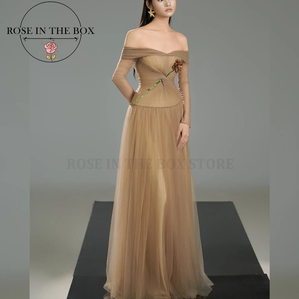 ROSEINTHEBOX Abiti da sera eleganti personalizzati con spalle scoperte color talpa Maniche lunghe Abiti da festa eleganti a trapezio floreali realizzati a mano
