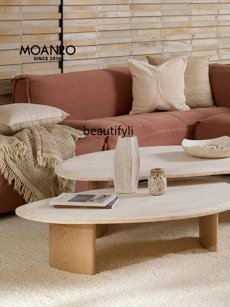 Travertine coffee table wabi-sabi style household small apartment solid wood high and low combination tea table living room