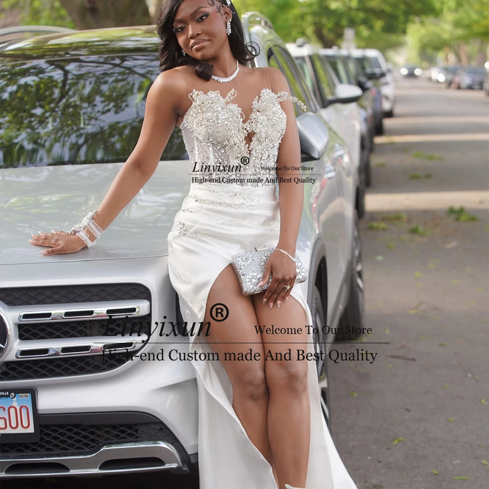 ชุดราตรีคริสตัลสุดหรู ปี 2025 แบบไม่มีแขน ผ่าสูงทรงเมอร์เมด สำหรับงานแต่งงานและงานเลี้ยง  สามารถสั่งตัดได้