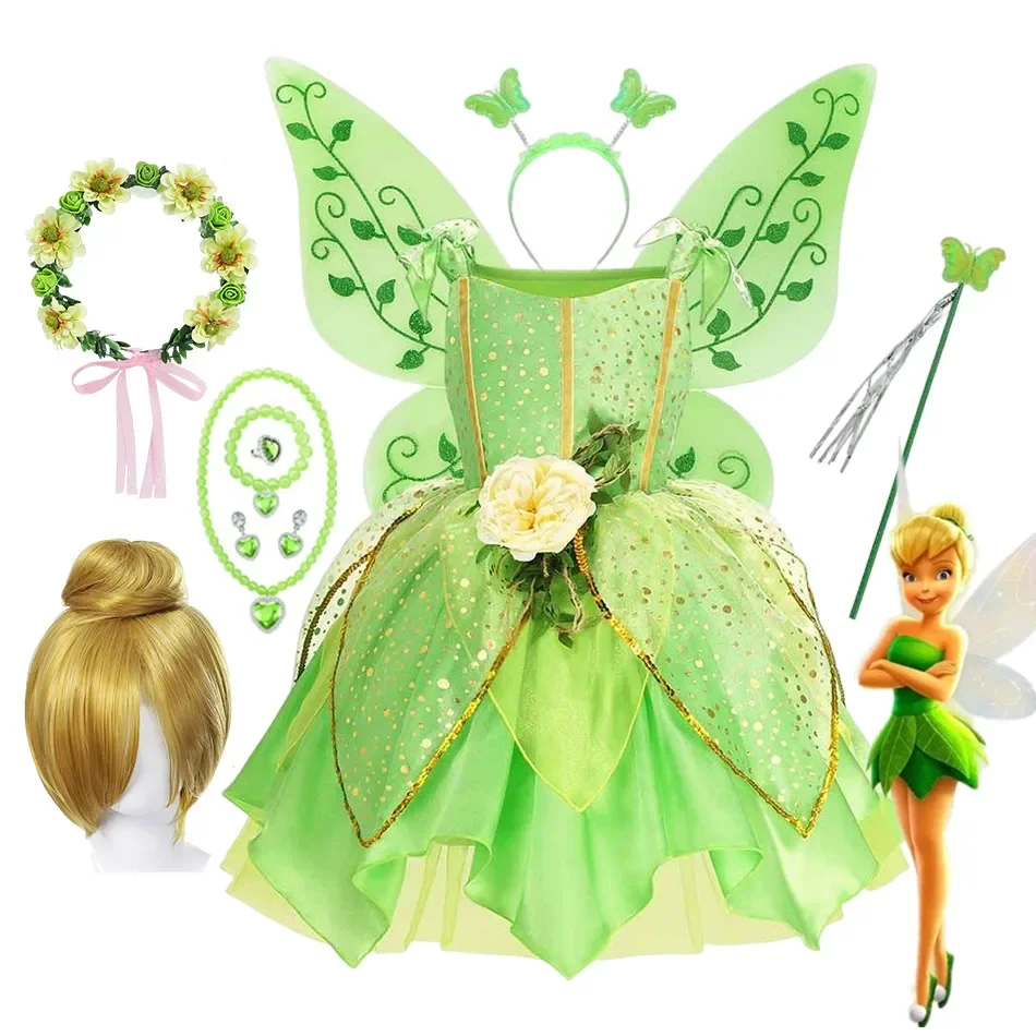 Girls Tinker Bell Costume Halloween Costume for Kids Green Tinkerbell Fancy Dress Fairy Princess Cosplay Birthday Party 2-10Y