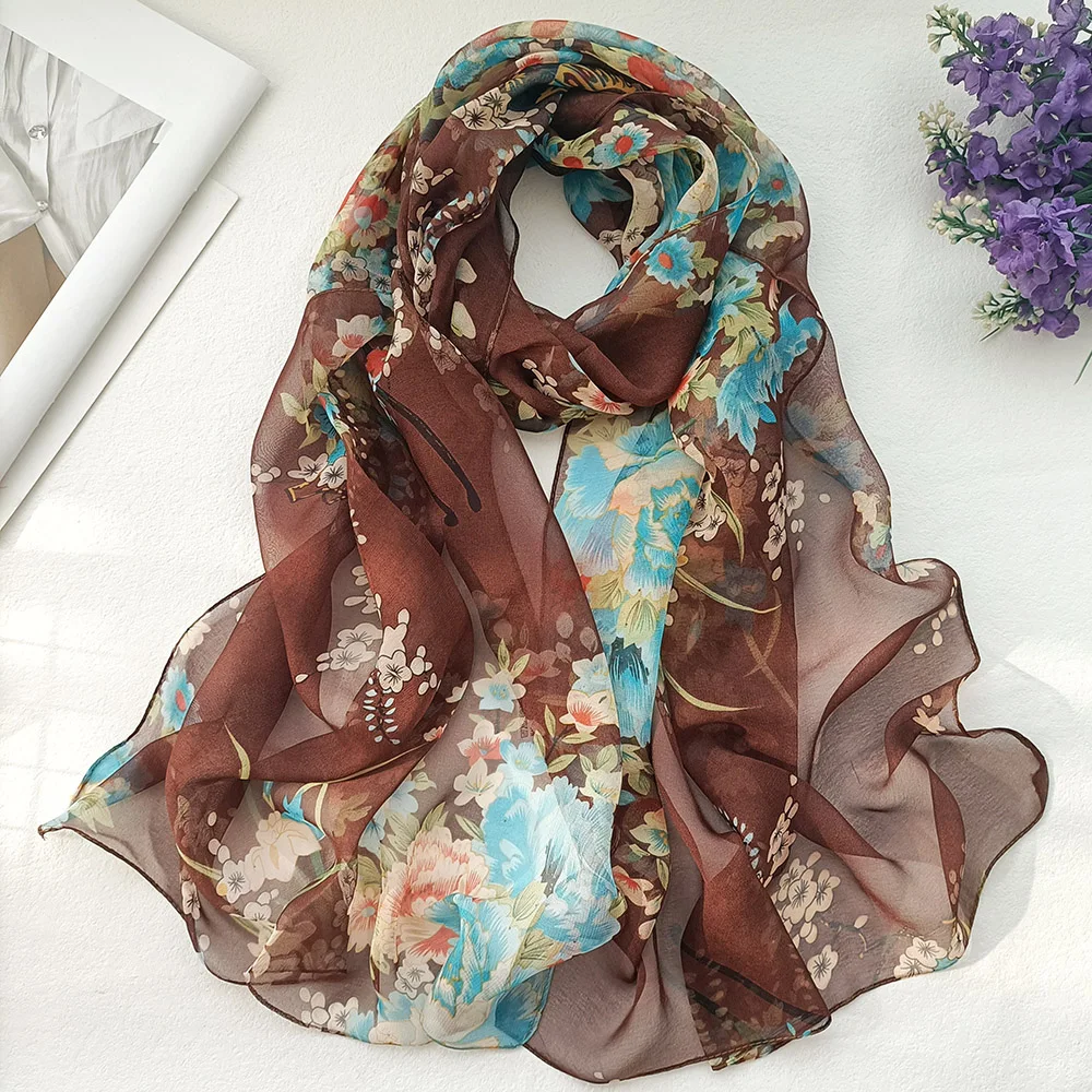 Women Foulard Elegant Chiffon Georgette Scarf Plum Bossom Summer Bandana Travel Sunscreen Thin Breathable