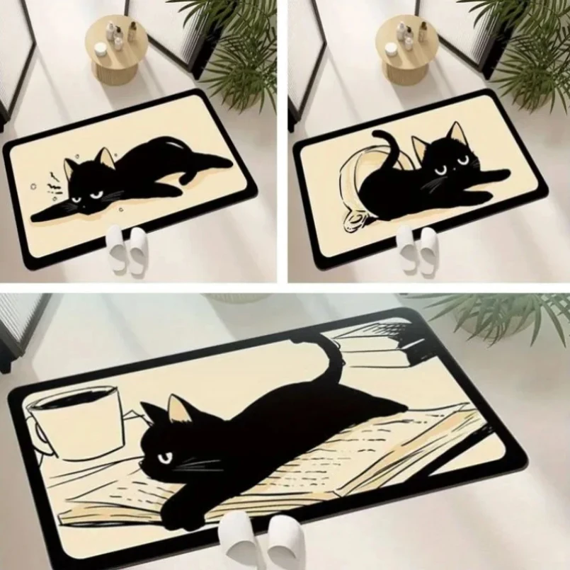 

Black-cat Diatom Mud Bath Mat Non-slip Super Absorbent Bathroom Entrance Floor Carpet Laundry Room Kitchen Rug Home Decoration