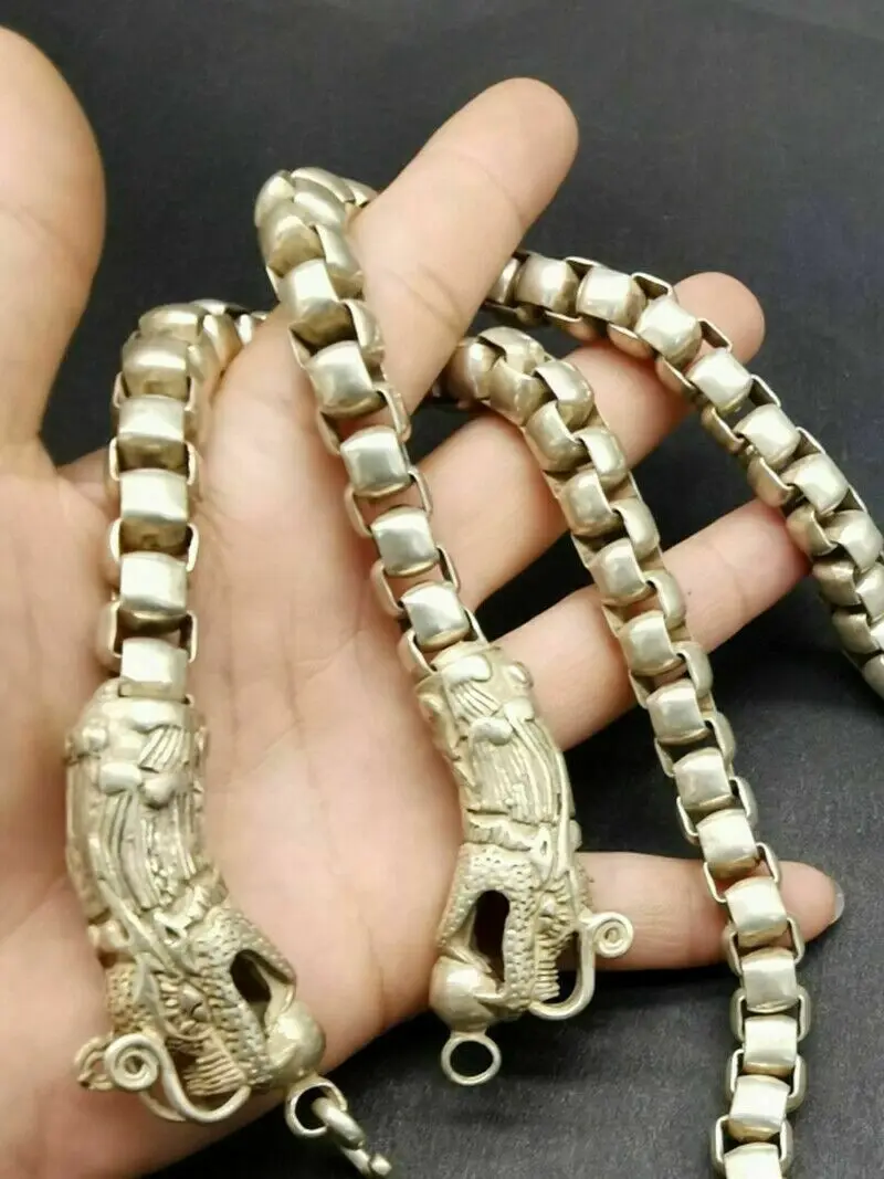 62cm Old Chinese tibet silver handcarved double dragon head Necklace