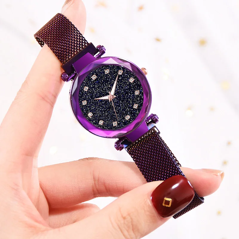 Reloj de marca de lujo para mujer, relojes de cuarzo de cristal para mujer, reloj de malla con hebilla magnética, reloj femenino con cielo estrellado