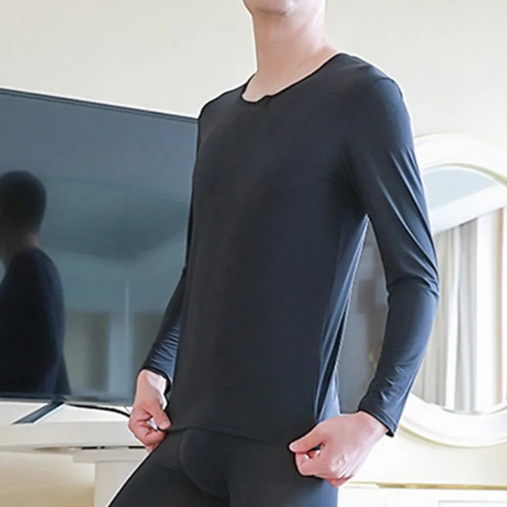 

Solid Color Men Thermal Underwear Tops Ice Silk Seamless Long Johns T-Shirt Nightwear Elastic Ultra Thin Lingerie Tops For Man