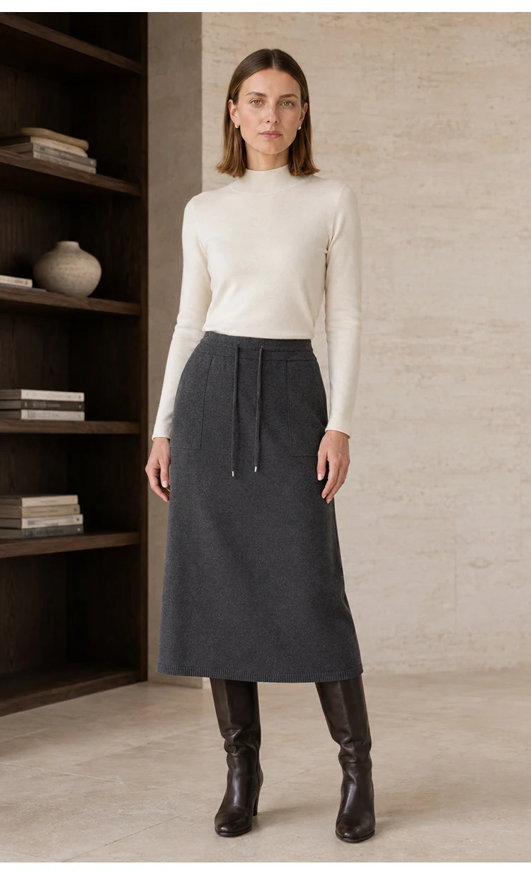 ML62132 Damen Strick-Midirock mit hoher Taille, Kordelzug, aufgesetzter Tasche, weicher Modal-Mix, A-Linie, lässiger Herbst-Winter-Rock – Detail 9